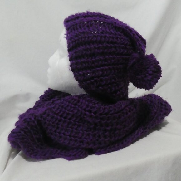 Knitted Purple Scarf with Hood and Pom-Poms - Picture 3 of 7